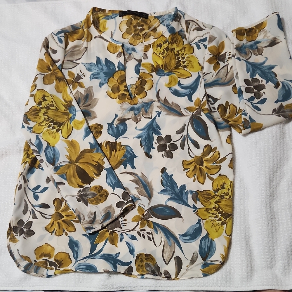 Zara Basic Yellow and Blue Floral Blouse